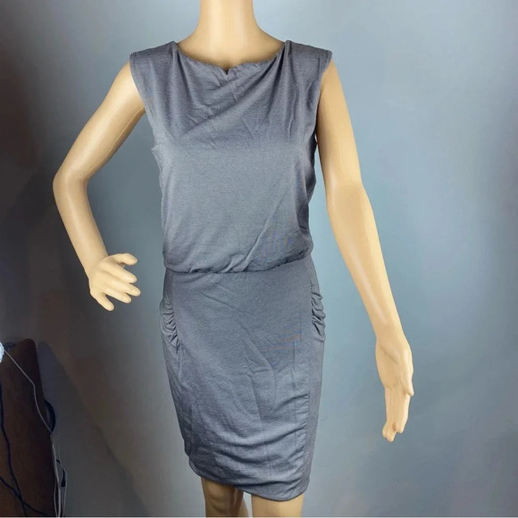 Athleta Womens XS Taupe Striped Tulip Dress Sleeveless Fitted Rouched - Picture 1 of 7